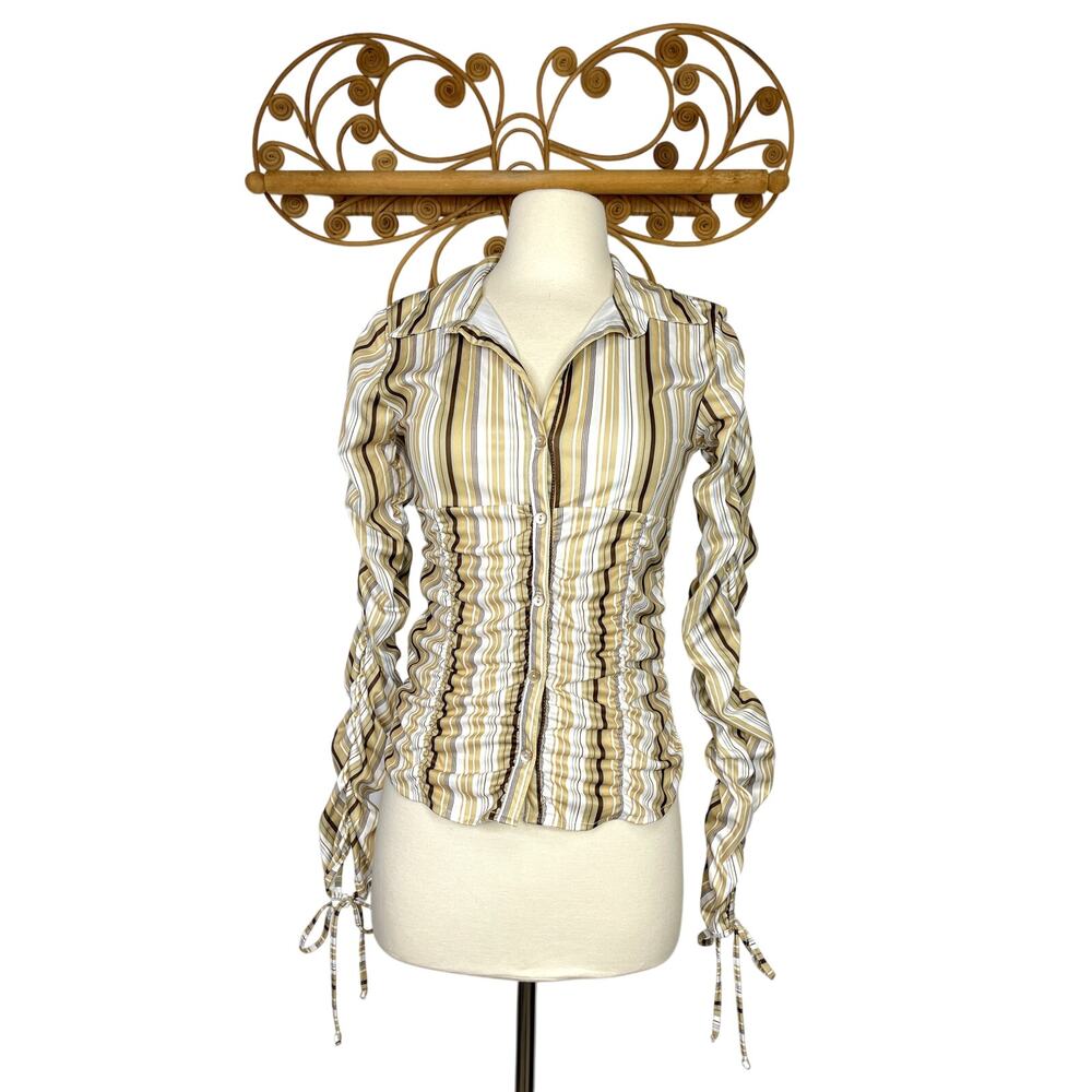Y2k Ruched button front long sleeve top M striped